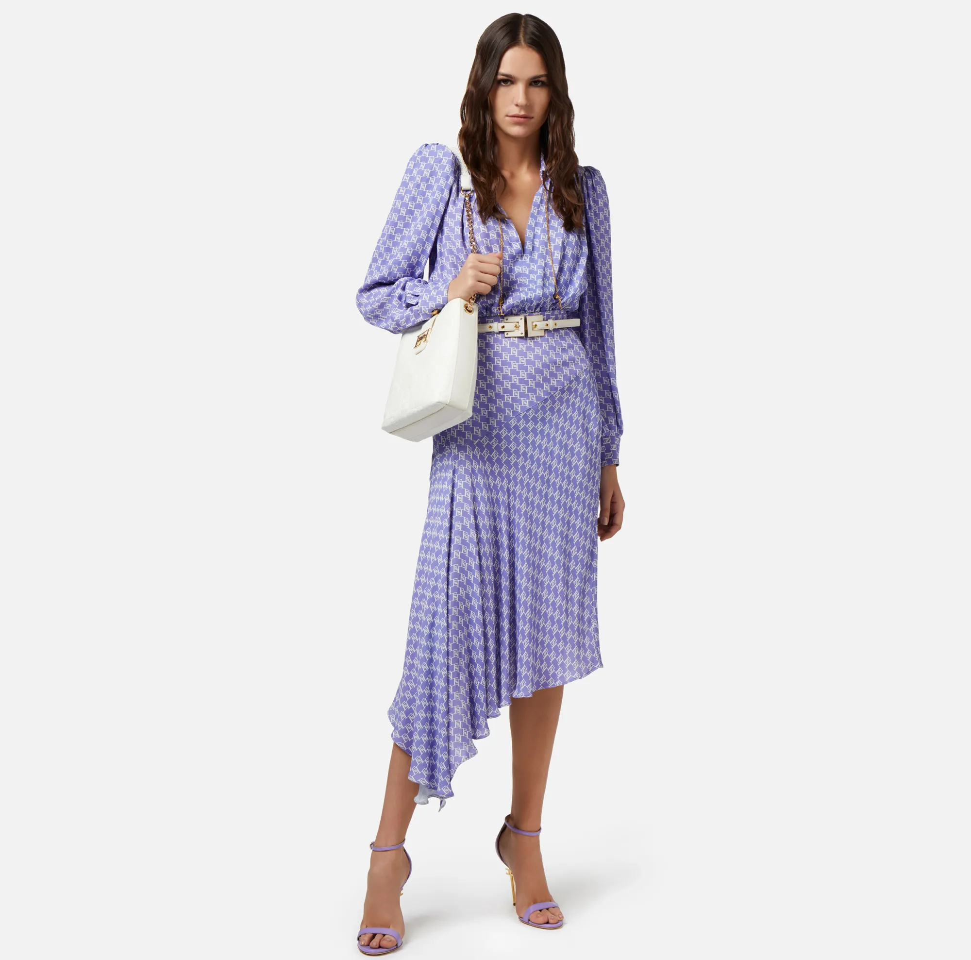 Elisabetta Franchi Abito Chemisier Asimmetrico In Georgette Con Stampa Logo^ Abiti
