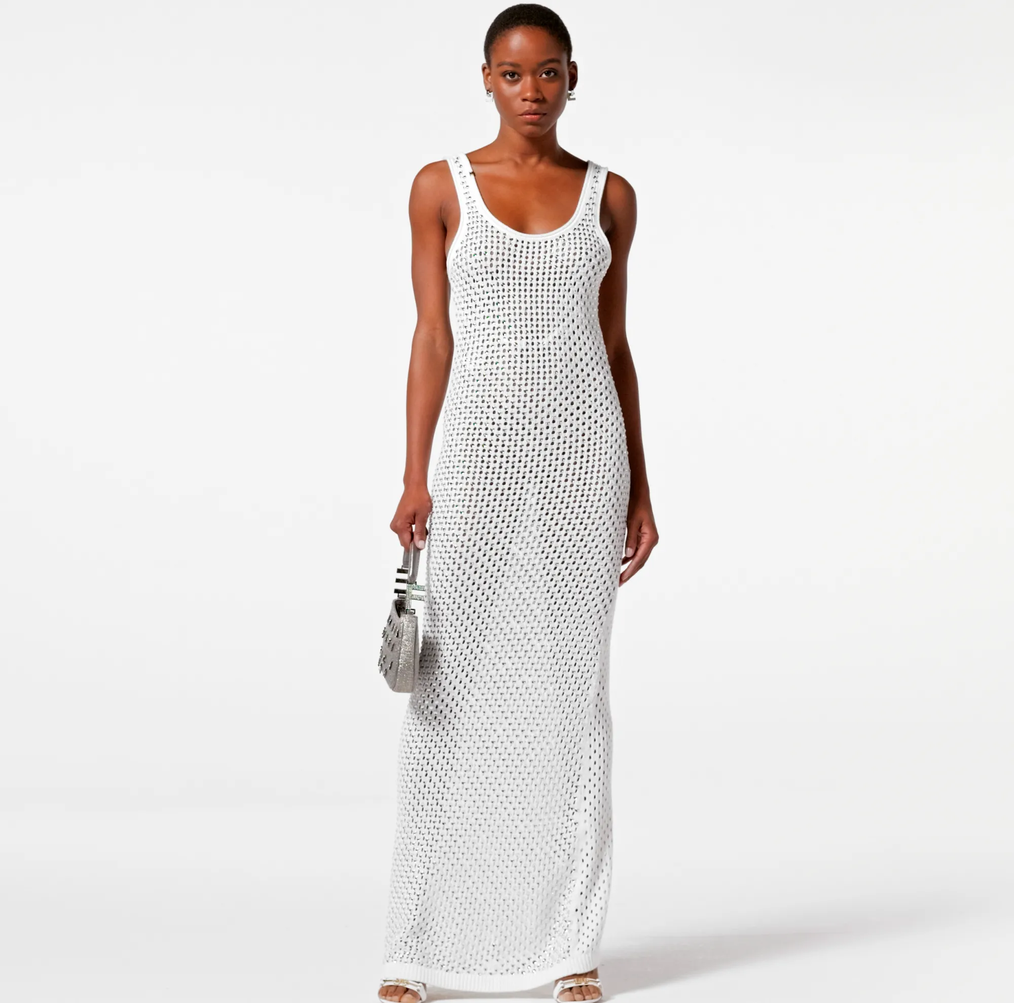Elisabetta Franchi Abito Lungo In Cotone Punto Rete Con Strass^ Abiti