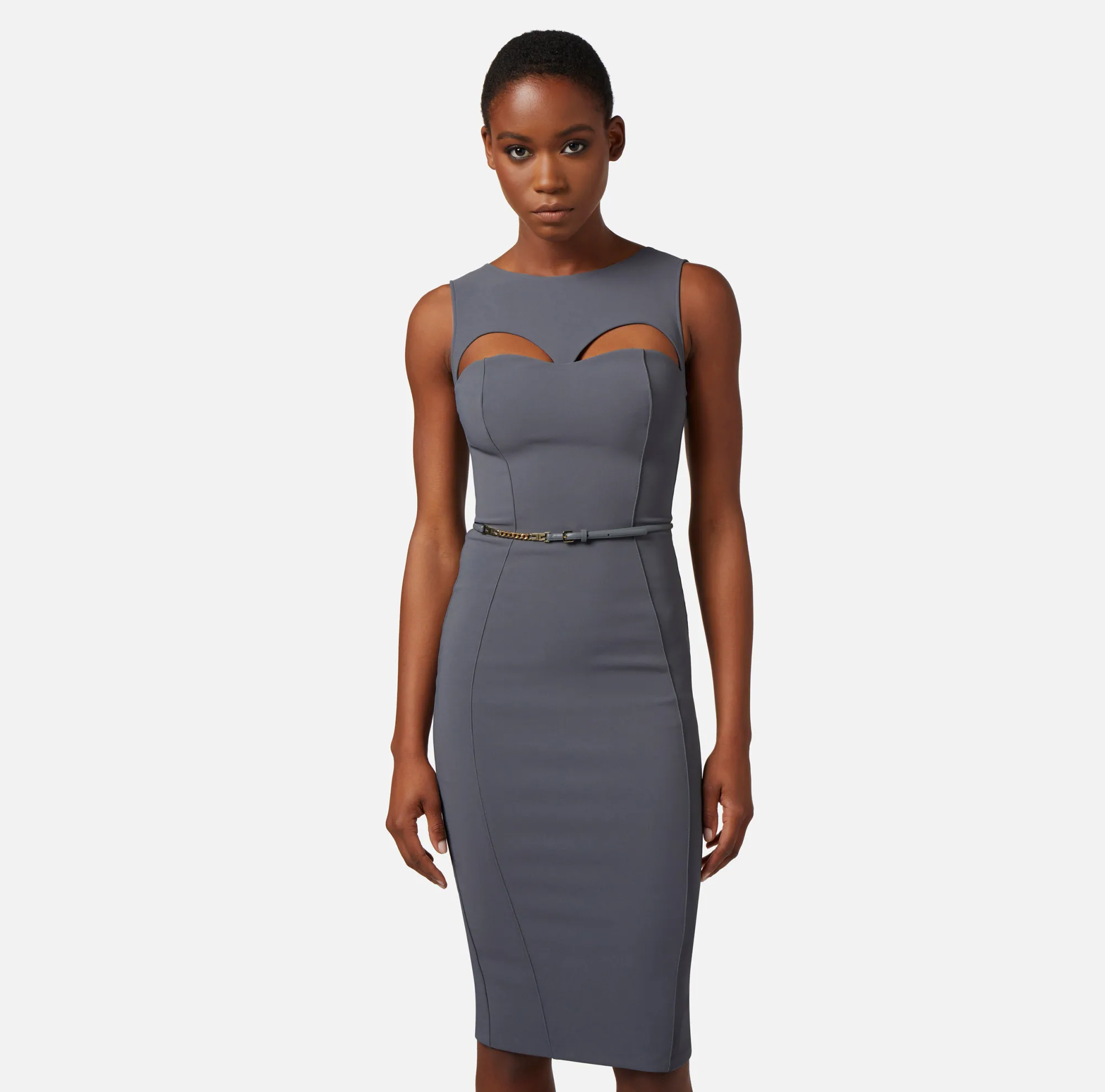 Elisabetta Franchi Abito Midi In Tessuto Tecnico Con Cintura E Cut Out^ Abiti