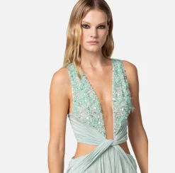 Elisabetta Franchi Abito Red Carpet In Jersey Lurex Plissettato Con Ricamo^ Abiti