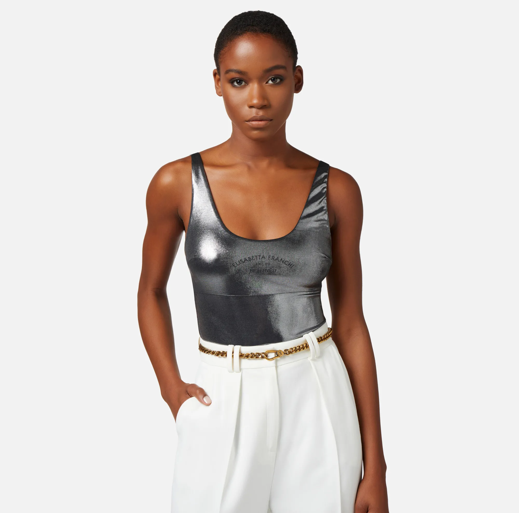 Elisabetta Franchi Body In Jersey Metallico Con Stampa Logo^ Top, T-Shirt & Body