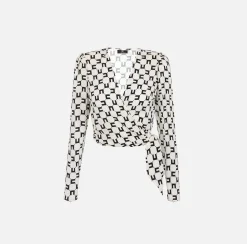 Elisabetta Franchi Camicia Cropped In Georgette Di Viscosa Stampa Logo Con Nodo^ Camicie E Bluse