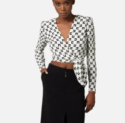 Elisabetta Franchi Camicia Cropped In Georgette Di Viscosa Stampa Logo Con Nodo^ Camicie E Bluse