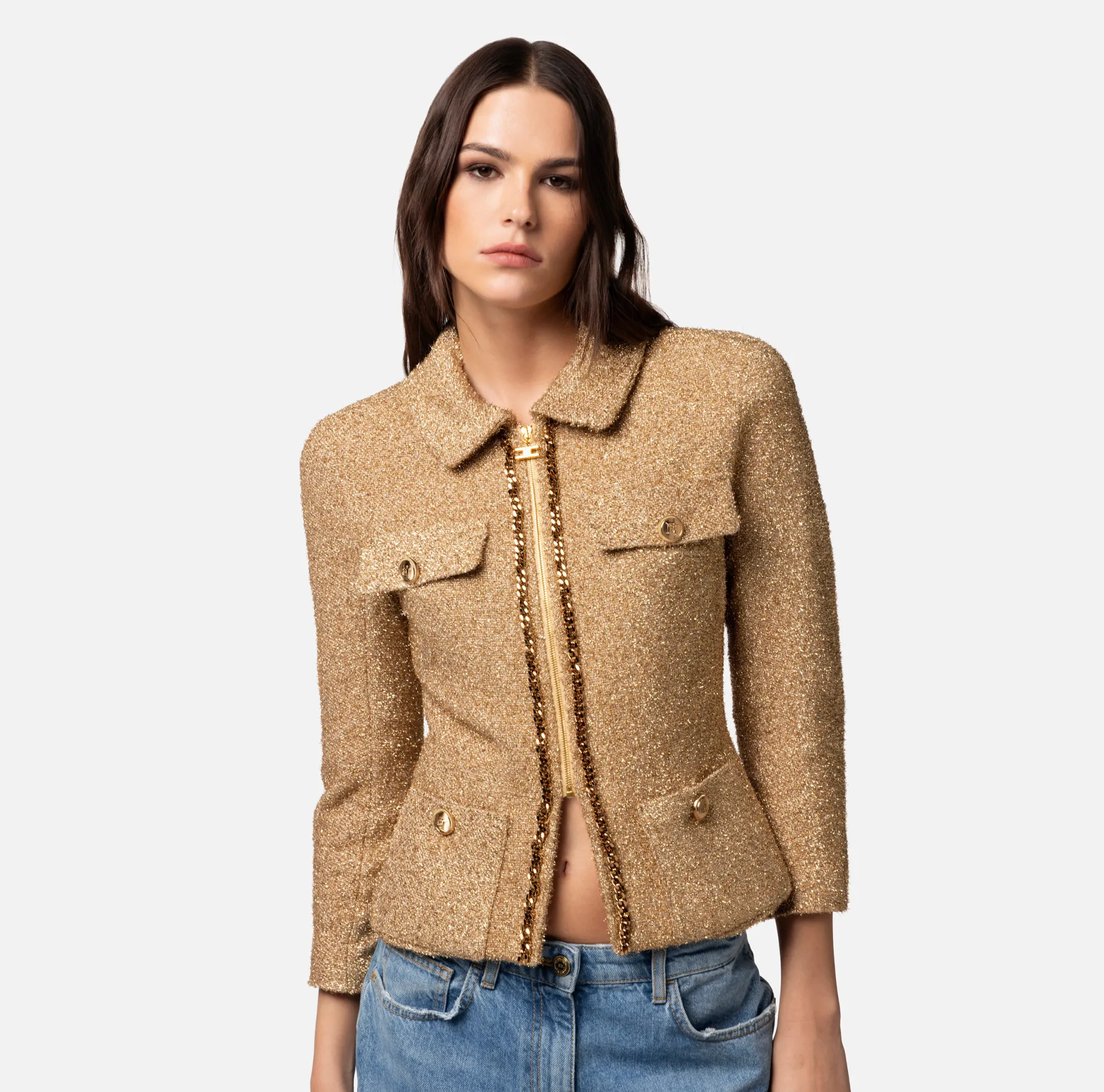 Elisabetta Franchi Giacca Cropped In Tweed Lurex Con Catena^ Giacche & Trench