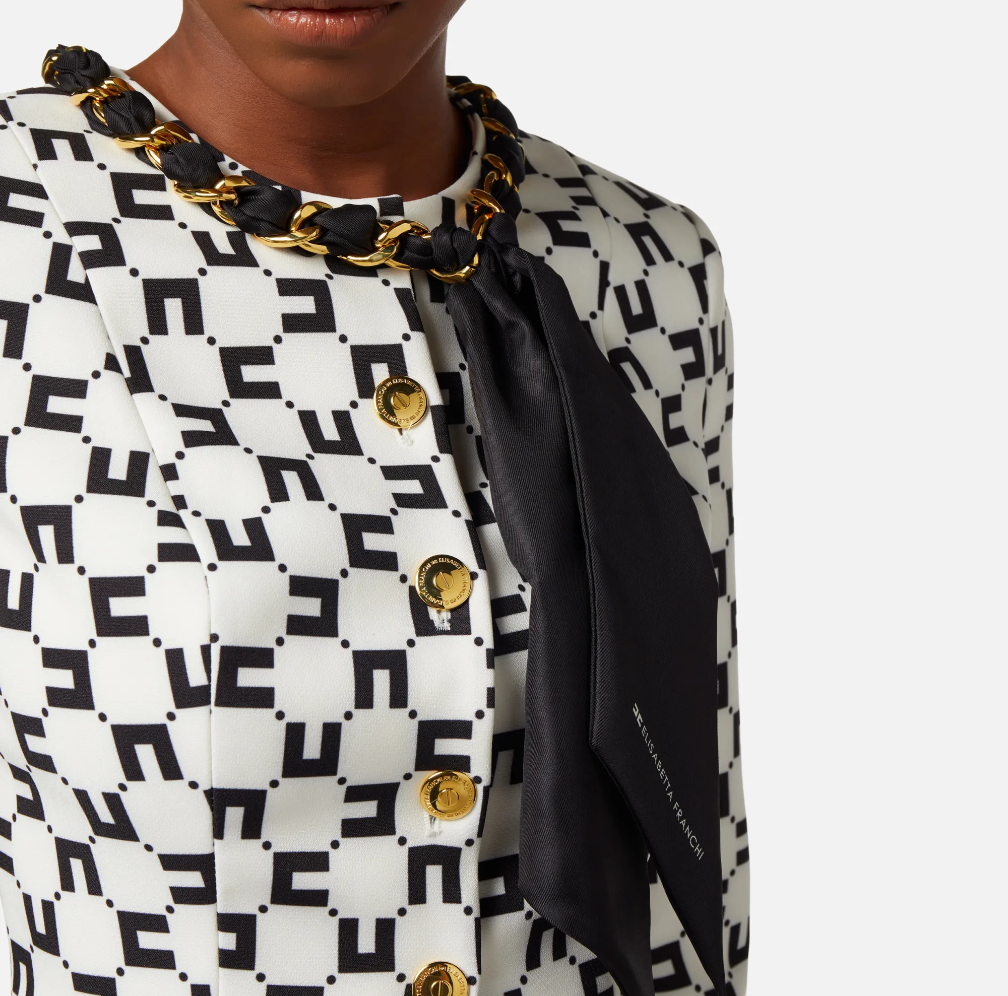 Elisabetta Franchi Giacca In Crepe Stampa Logo Con Catena Foulard^ Giacche & Trench