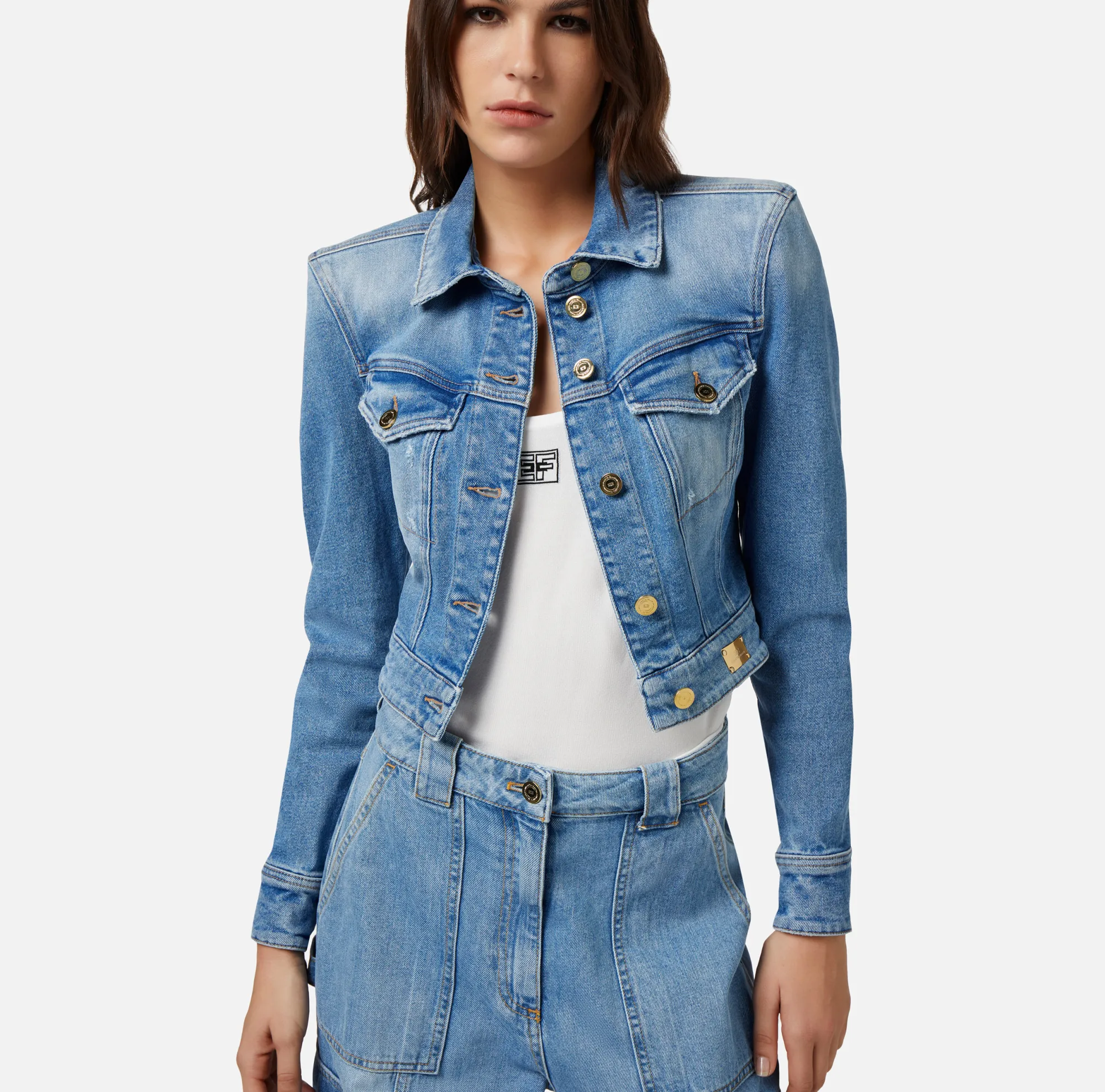 Elisabetta Franchi Giubbotto Cropped In Denim^ Giacche & Trench