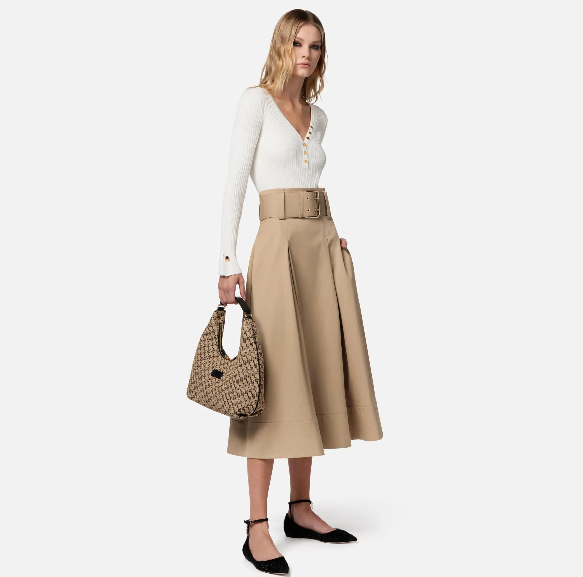 Elisabetta Franchi Gonna Midi In Cotone Stretch Con Cintura^ Gonne