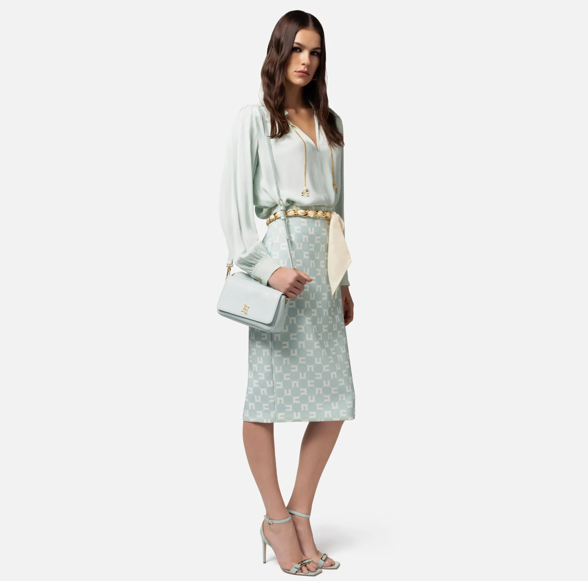Elisabetta Franchi Gonna Midi In Crepe Stretch Stampa Logo Con Cintura Foulard^ Gonne