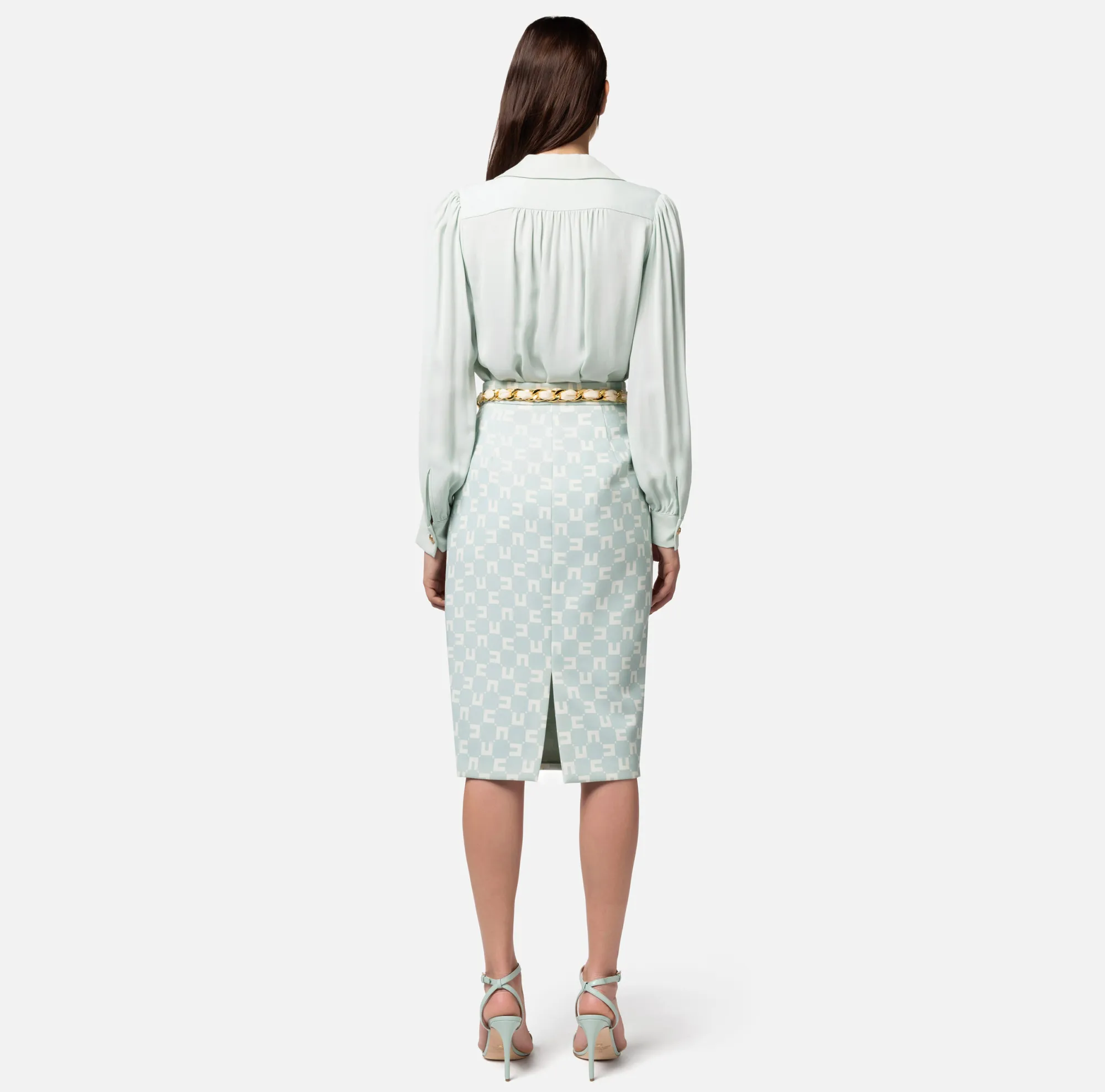 Elisabetta Franchi Gonna Midi In Crepe Stretch Stampa Logo Con Cintura Foulard^ Gonne