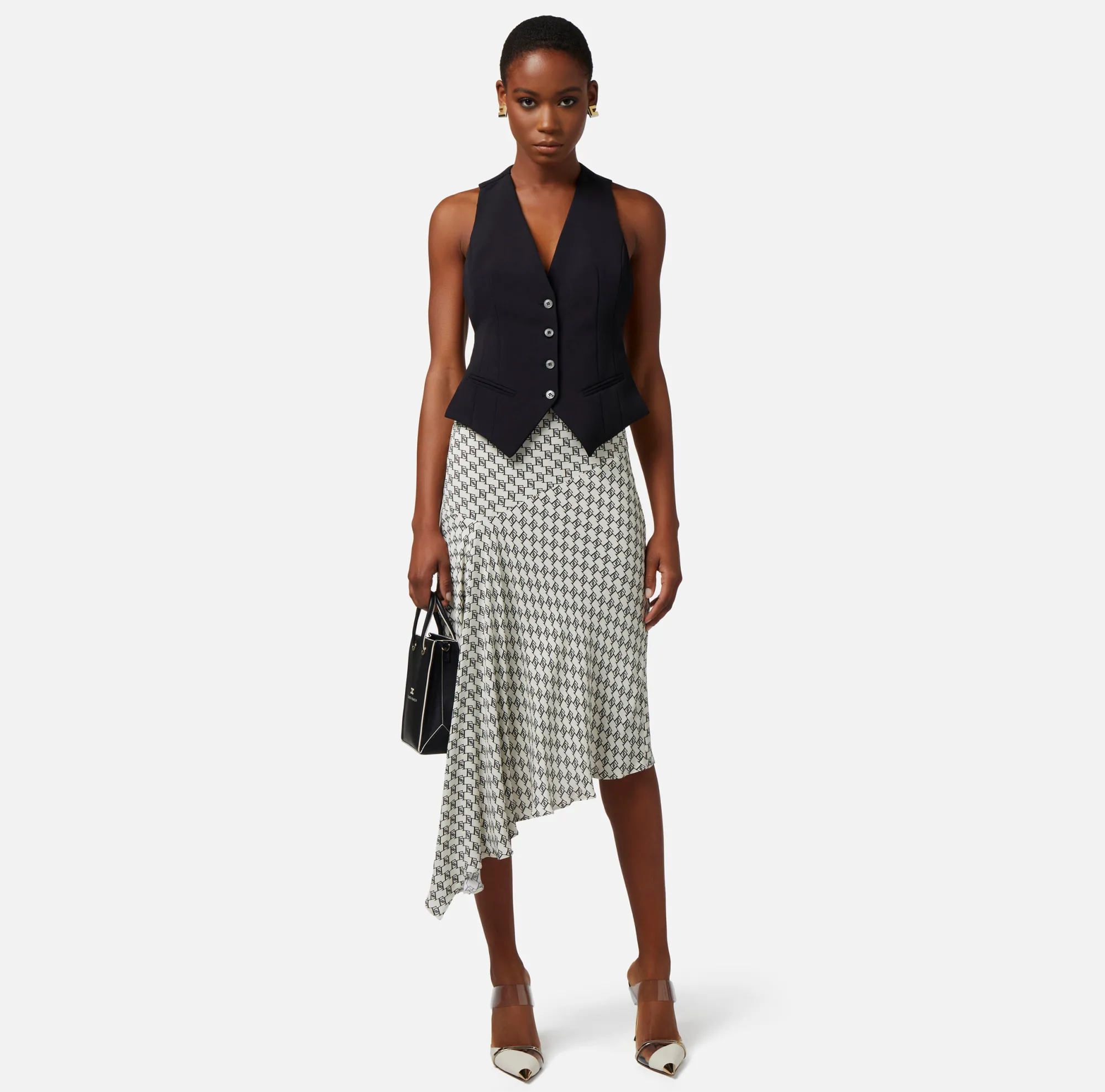 Elisabetta Franchi Gonna Midi In Georgette Stampa Logo Asimmetrica^ Gonne