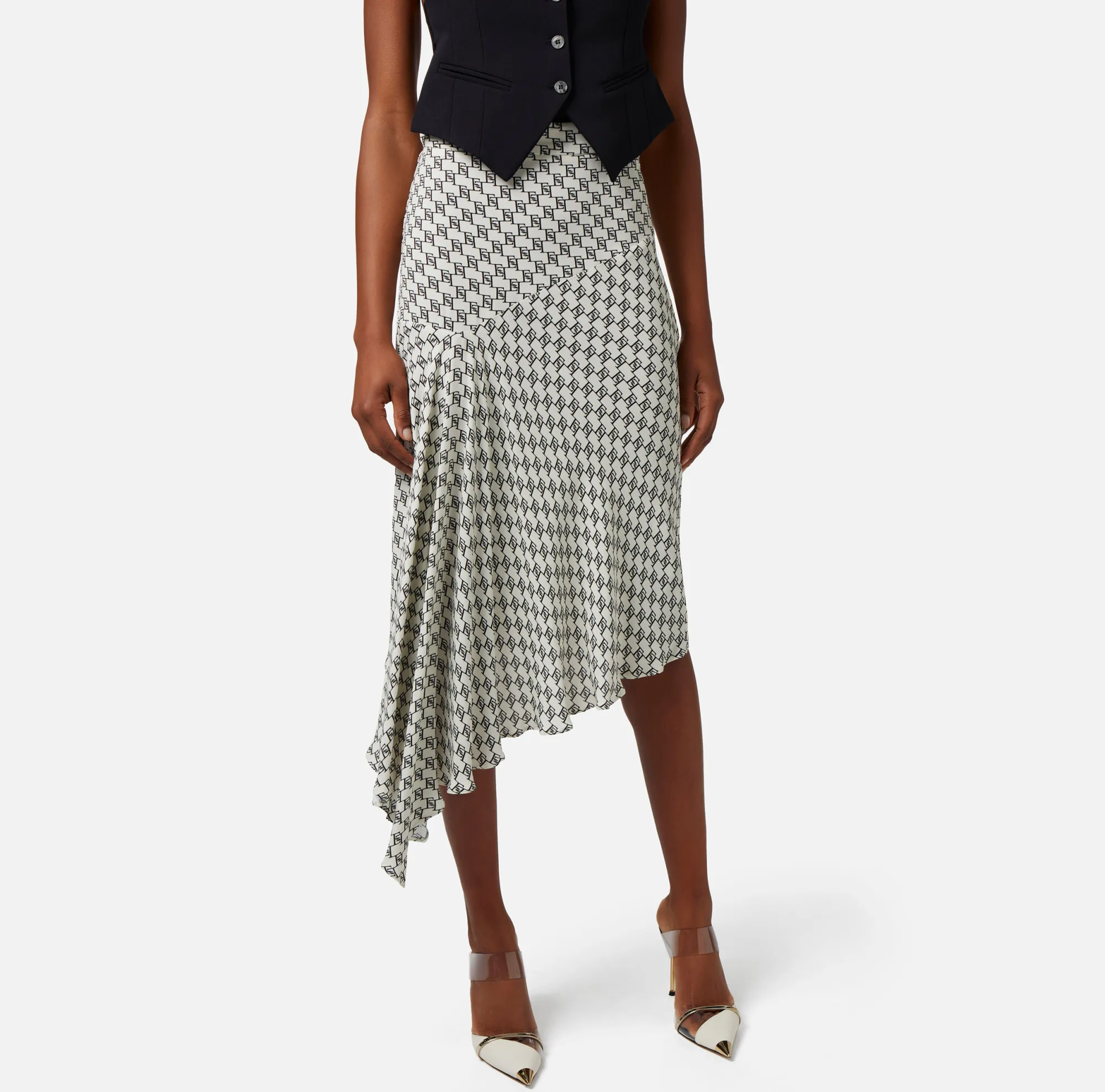 Elisabetta Franchi Gonna Midi In Georgette Stampa Logo Asimmetrica^ Gonne