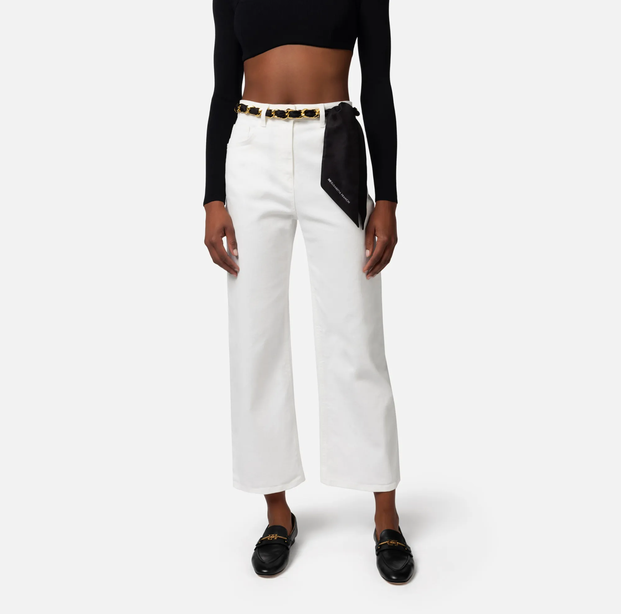 Elisabetta Franchi Jeans Cropped A Palazzo Con Cintura Catena^ Jeans