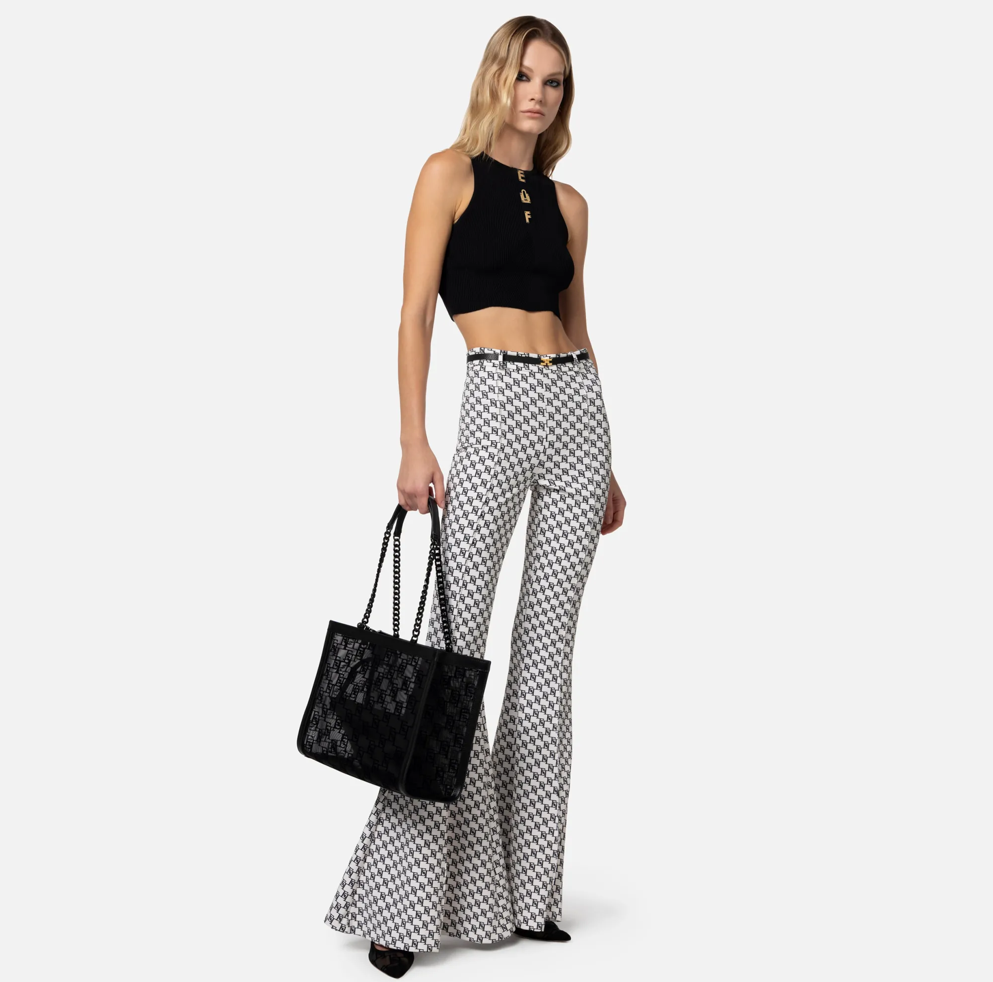 Elisabetta Franchi Pantalone A Zampa In Crepe Stretch Stampa Logo^ Pantaloni E Shorts