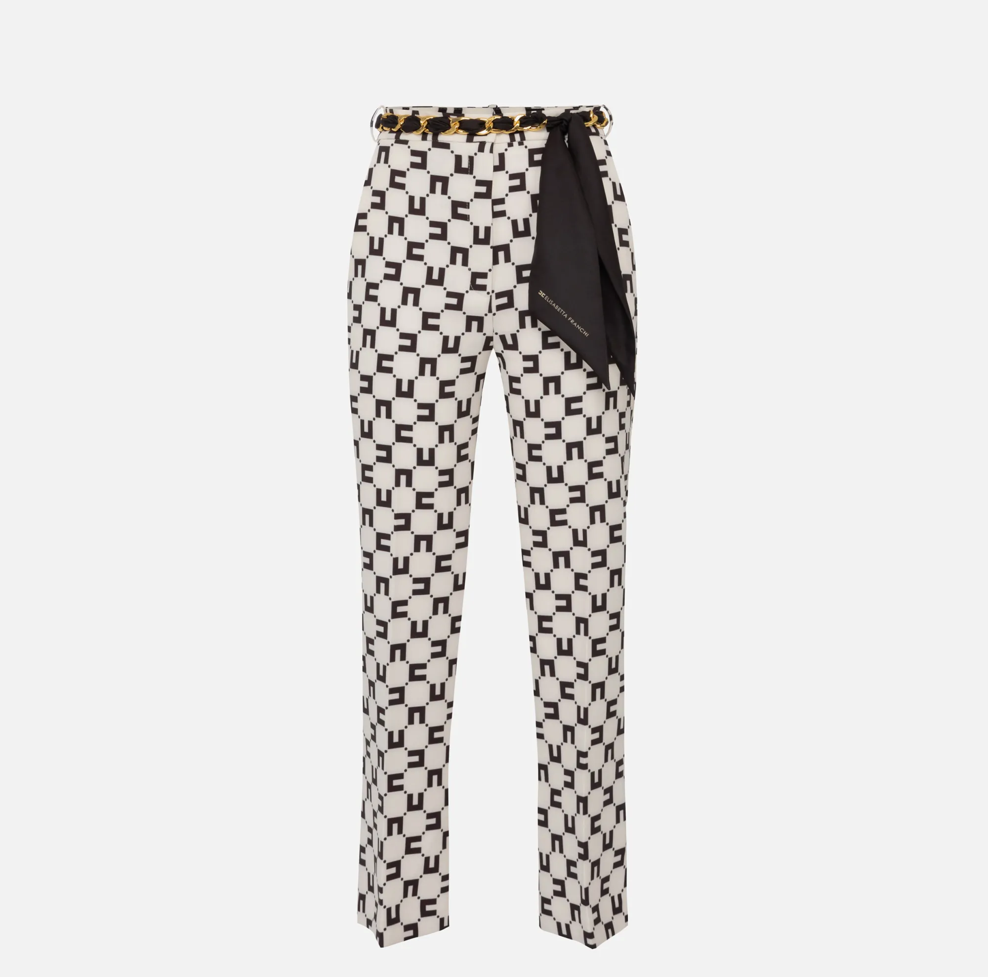 Elisabetta Franchi Pantalone A Zampetta In Crepe Stretch Stampa Logo Con Cintura Foulard^ Pantaloni E Shorts