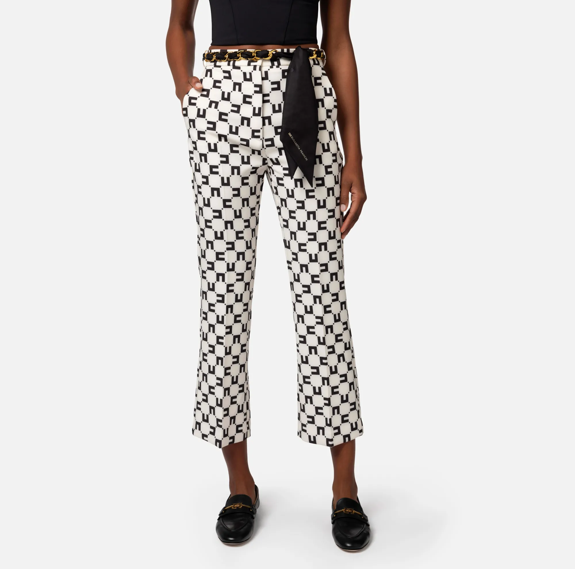 Elisabetta Franchi Pantalone A Zampetta In Crepe Stretch Stampa Logo Con Cintura Foulard^ Pantaloni E Shorts