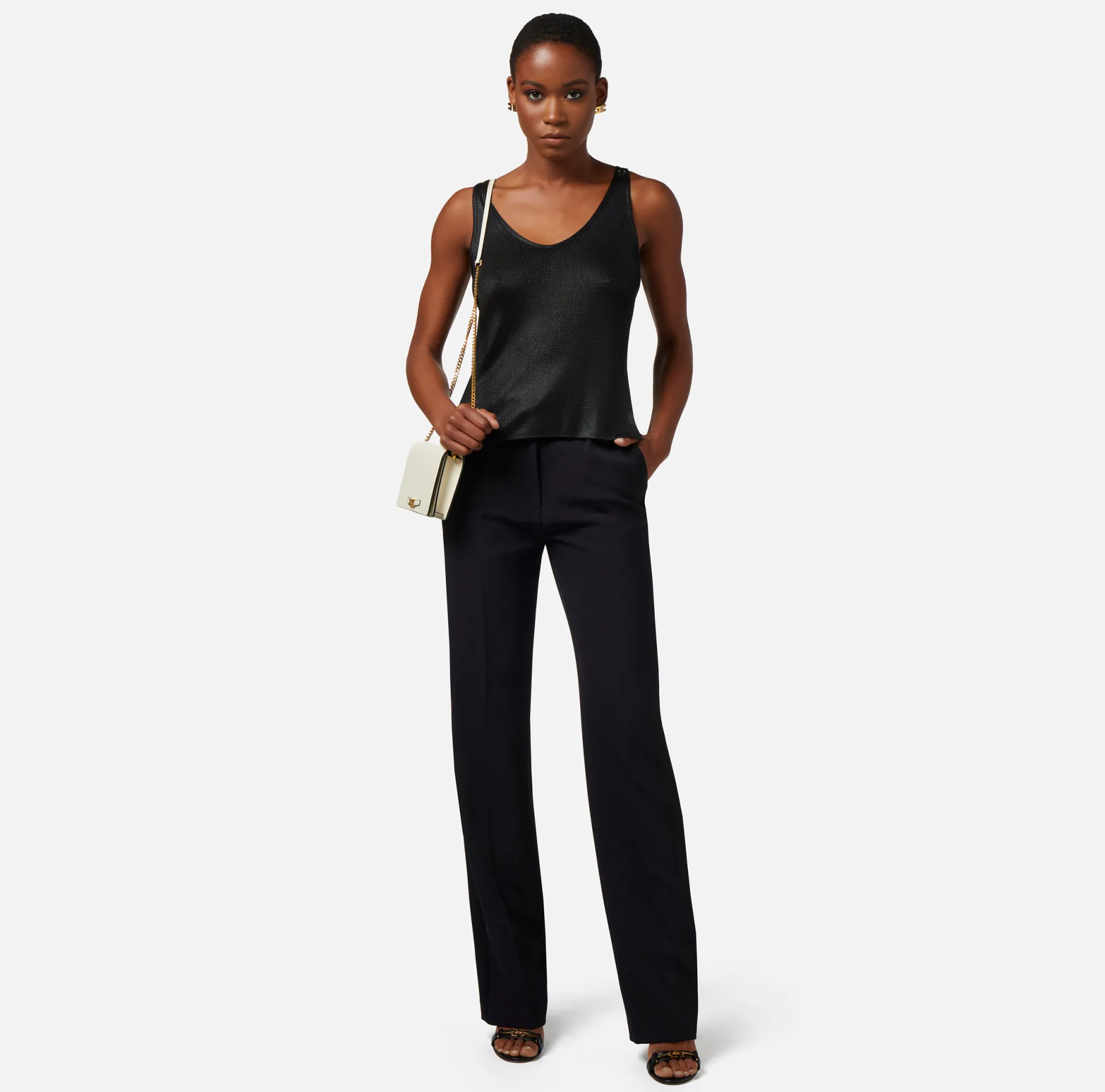 Elisabetta Franchi Pantalone Dritto In Crepe Leggero Con Banda In Raso^ Pantaloni E Shorts