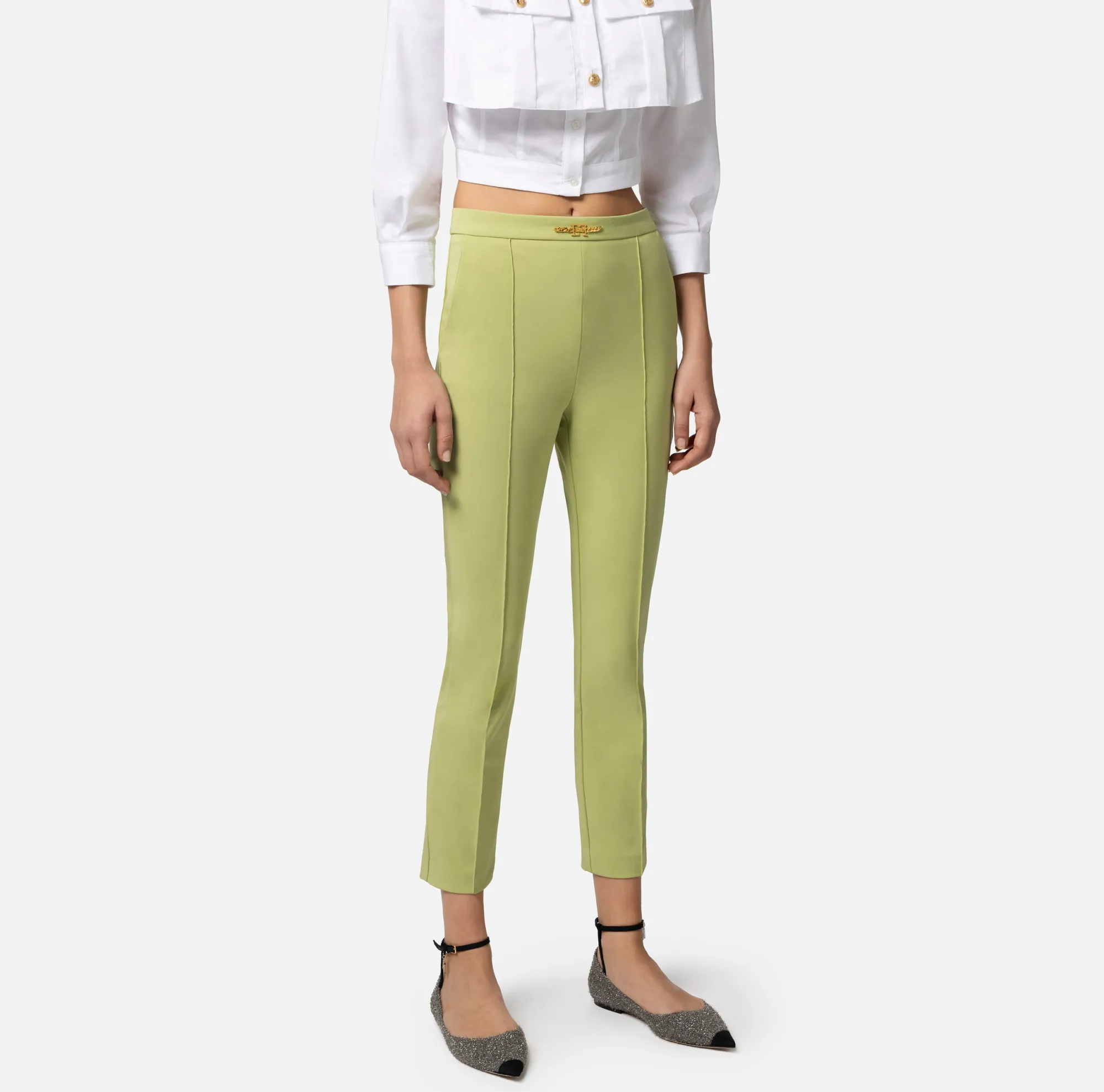 Elisabetta Franchi Pantalone Dritto In Tessuto Tecnico Bielastico Con Morsetto^ Pantaloni E Shorts
