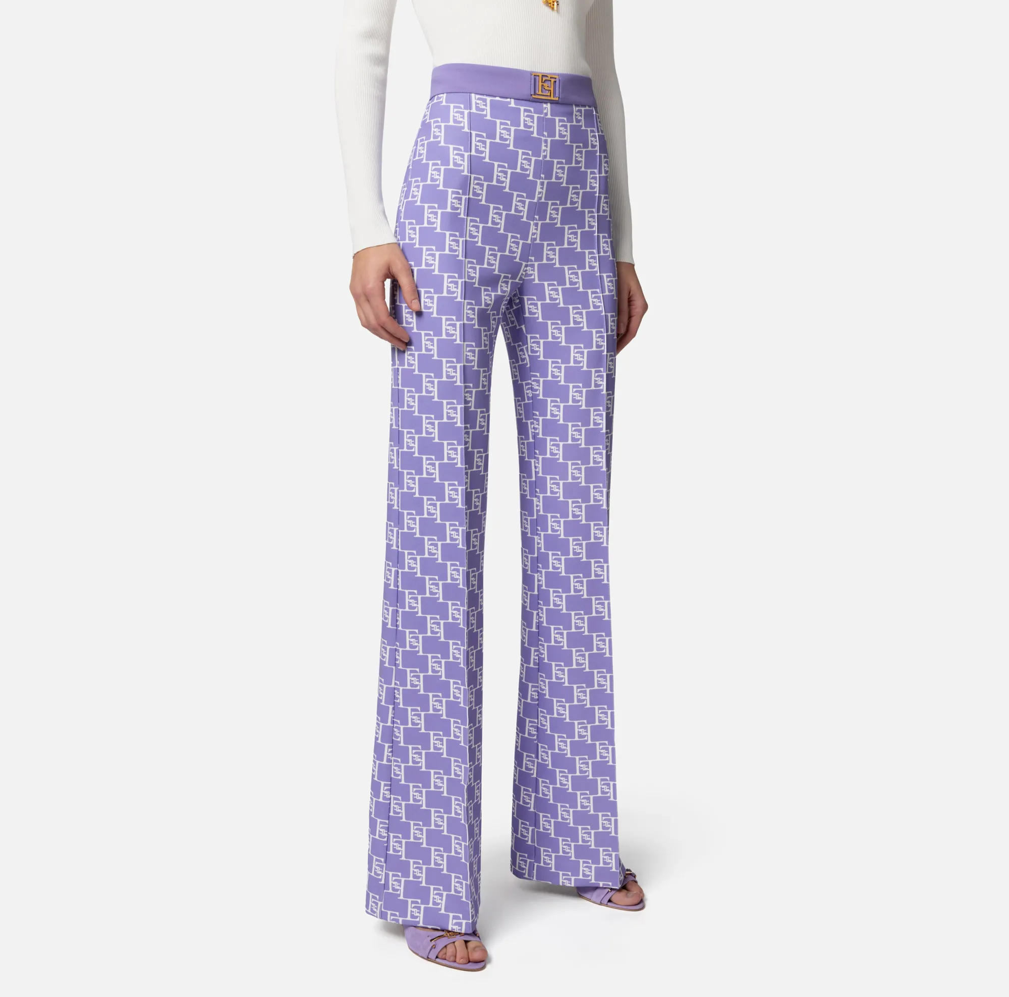 Elisabetta Franchi Pantalone Palazzo In Crepe Stretch Stampa Logo^ Pantaloni E Shorts