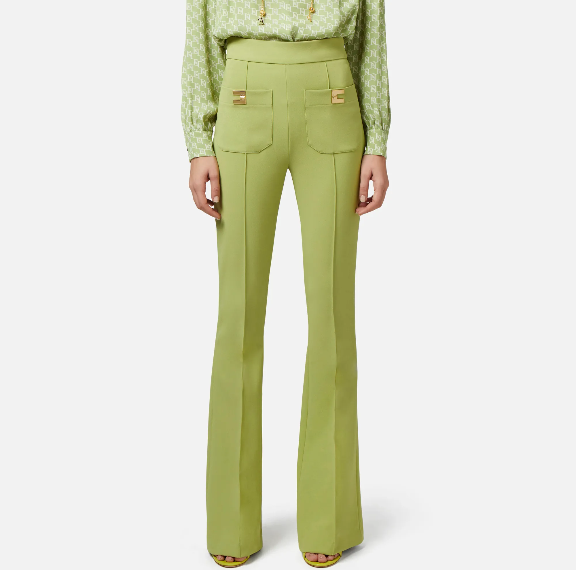 Elisabetta Franchi Pantalone Palazzo In Crepe Stretch Con Placche Logo^ Pantaloni E Shorts