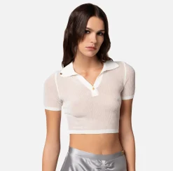 Elisabetta Franchi Polo Cropped In Crepe A Costine^ Maglieria E Felpe