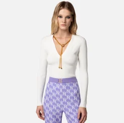 Elisabetta Franchi Top A Maniche Lunghe In Viscosa A Costine Con Collana^ Maglieria E Felpe