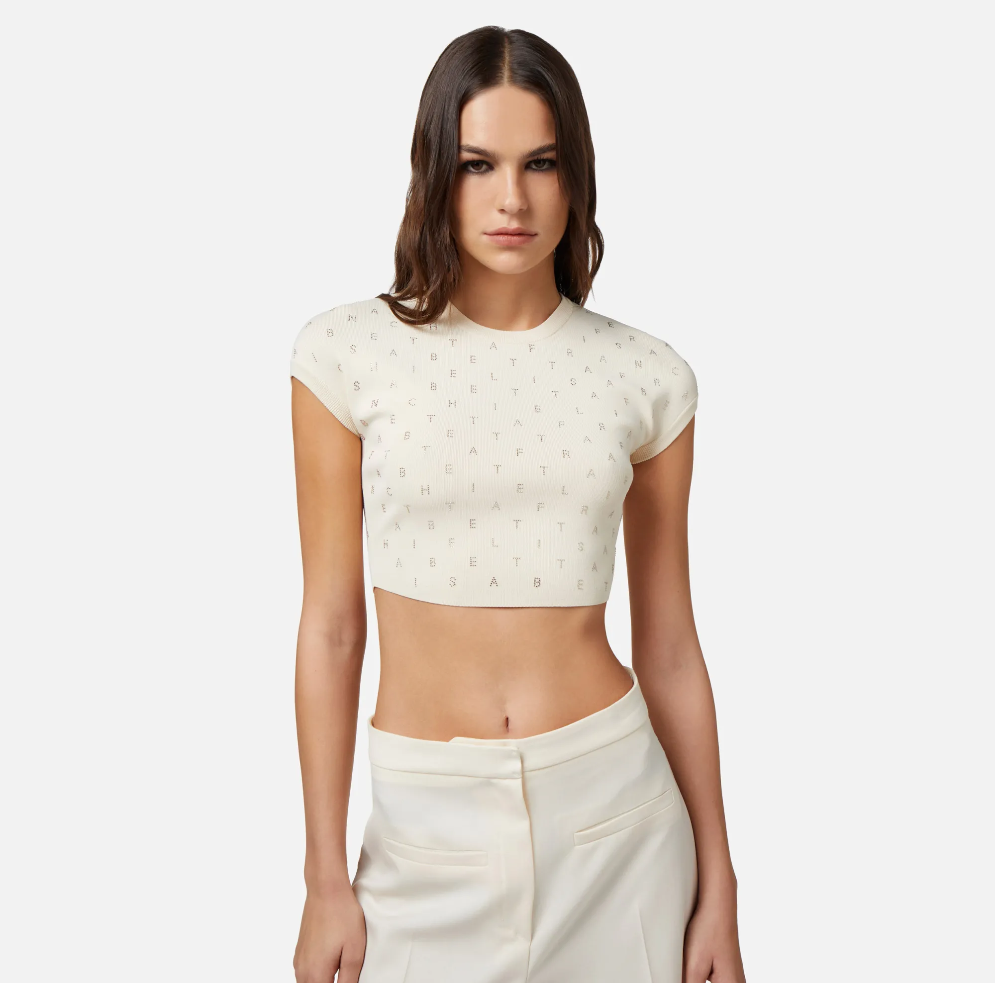 Elisabetta Franchi Top Cropped In Viscosa Con Lettering In Strass^ Top, T-Shirt & Body