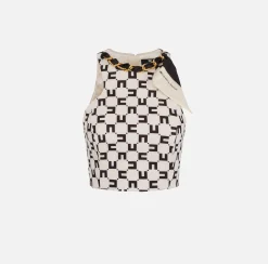 Elisabetta Franchi Top In Crepe Stretch Stampa Logo Con Catena Foulard^ Top, T-Shirt & Body
