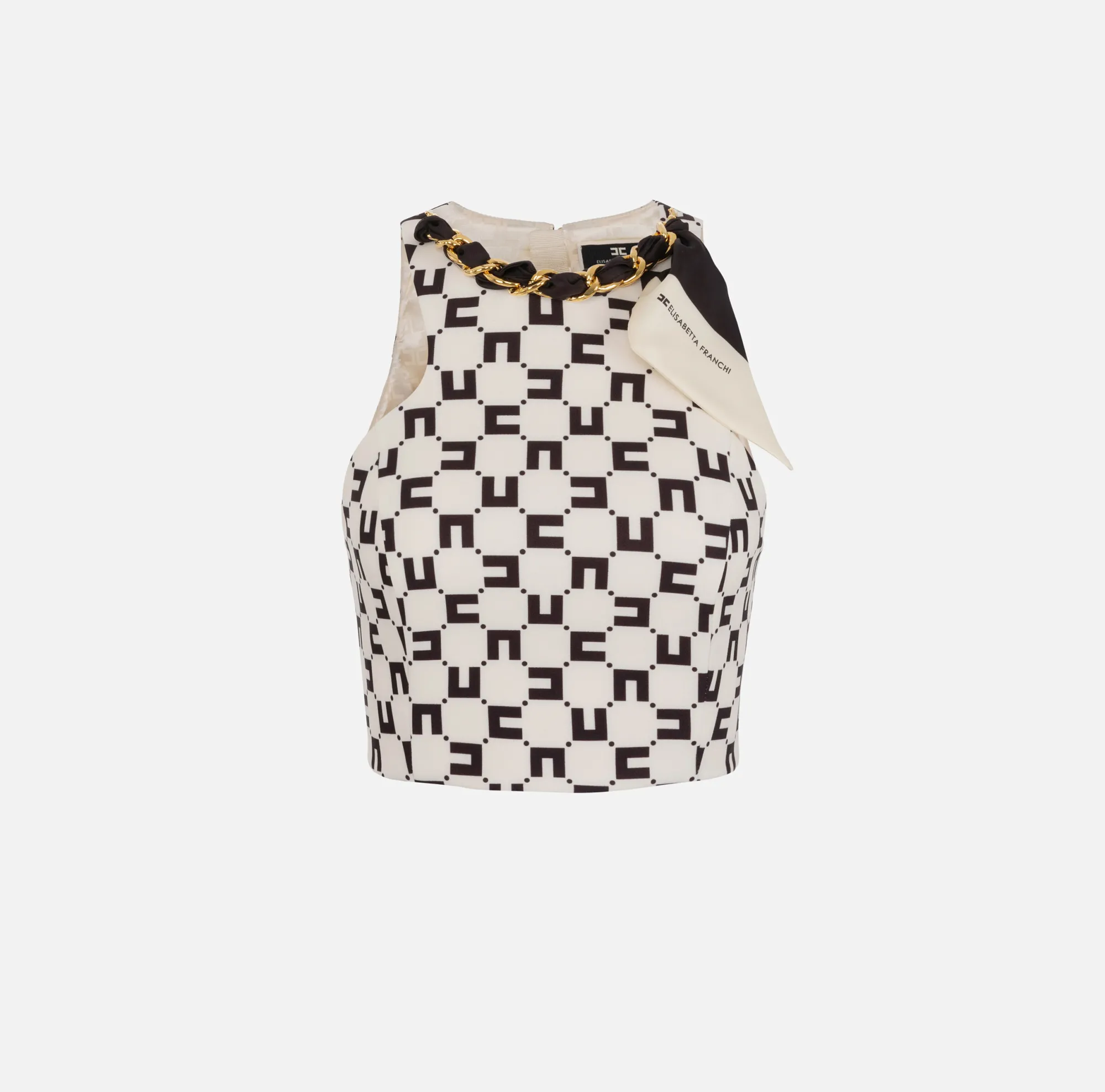 Elisabetta Franchi Top In Crepe Stretch Stampa Logo Con Catena Foulard^ Top, T-Shirt & Body