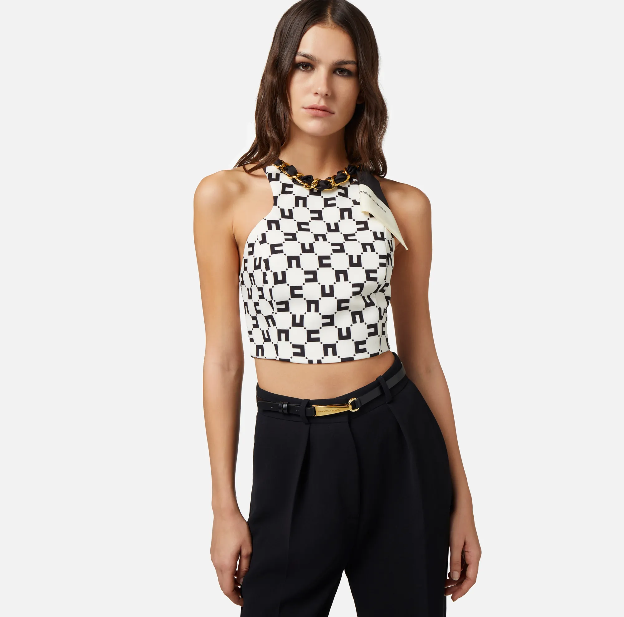 Elisabetta Franchi Top In Crepe Stretch Stampa Logo Con Catena Foulard^ Top, T-Shirt & Body