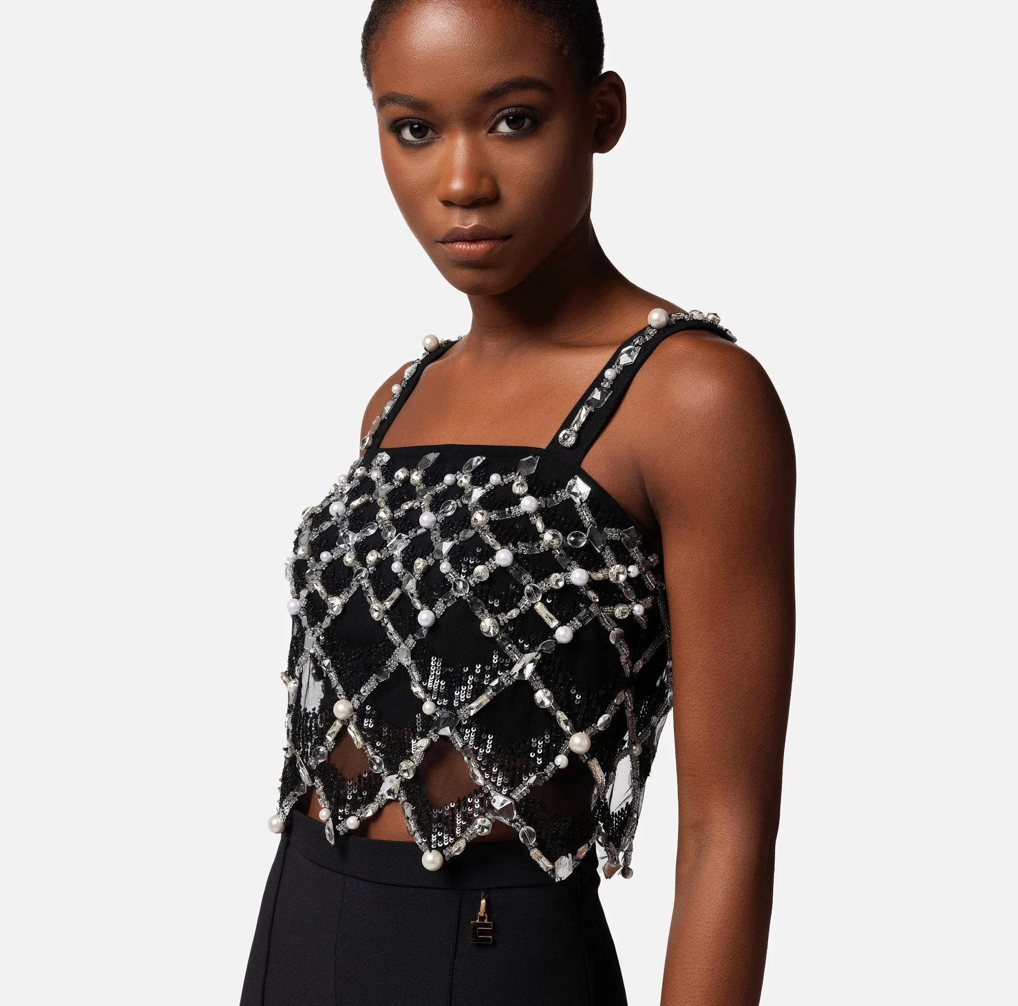 Elisabetta Franchi Top In Tulle Con Ricamo Geometrico^ Top, T-Shirt & Body