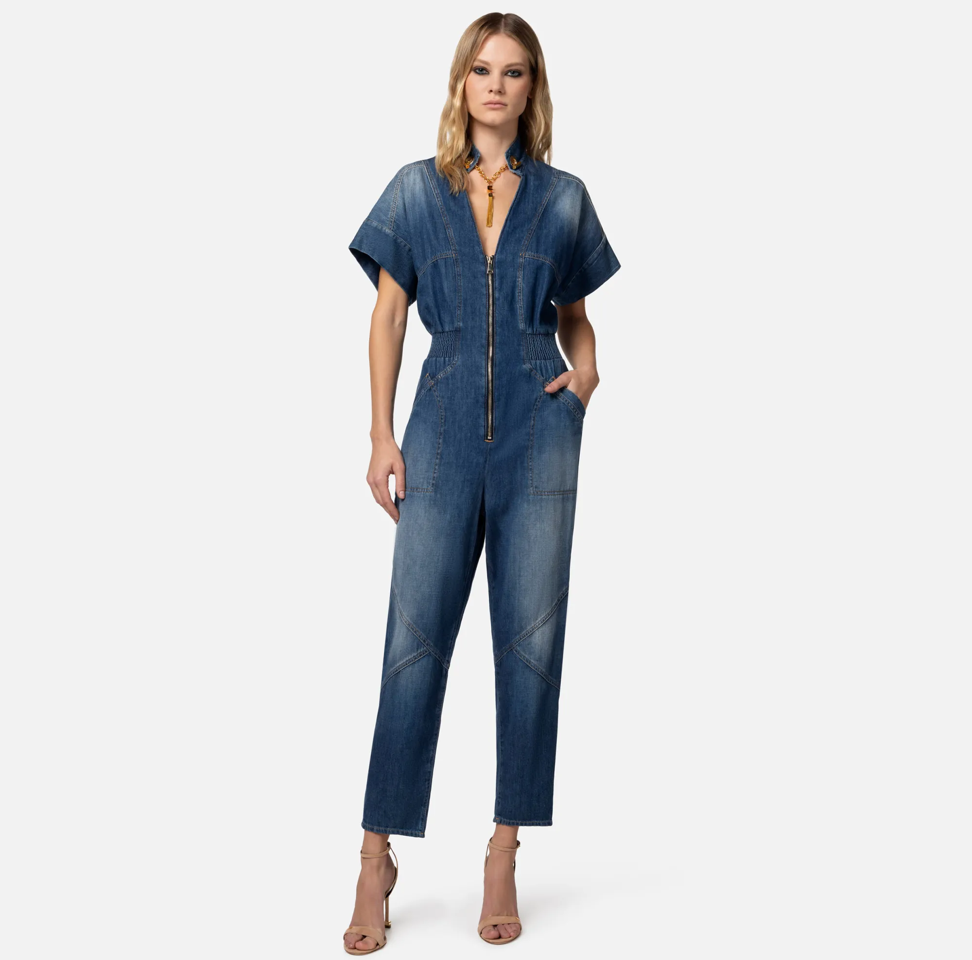 Elisabetta Franchi Tuta In Denim Con Gemello Nello Scollo^ Tute